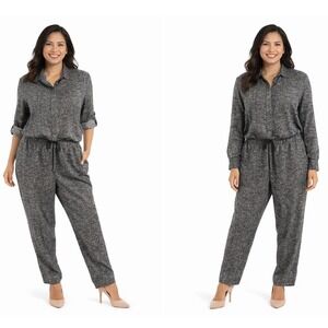 Lou & Grey Black White Marled Roll Tab Drawstring Waist Jumpsuit M Utility 74-29
